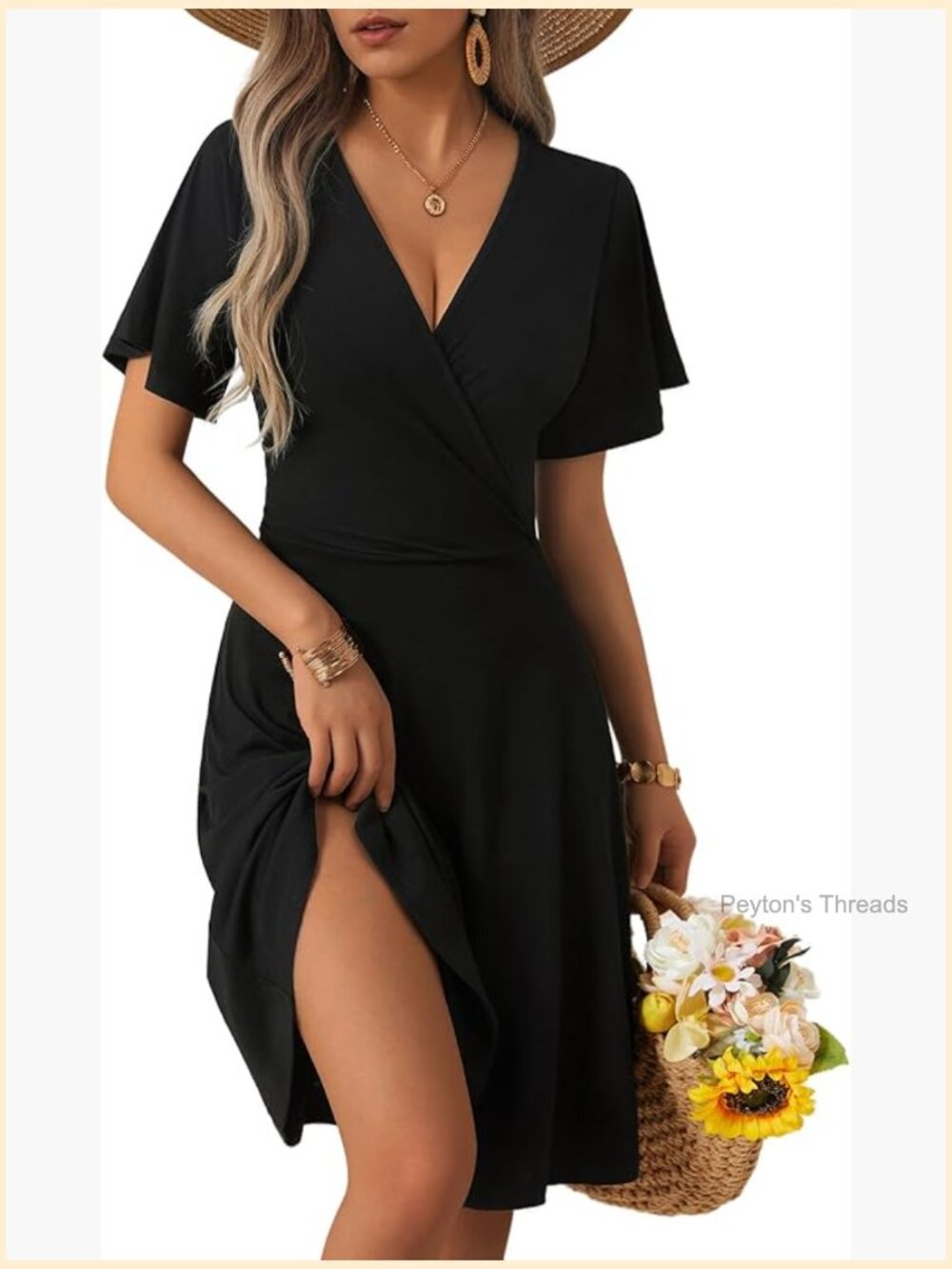 Faux Wrap V Neck Midi Dress With Short Sleeves And Ruffle Details